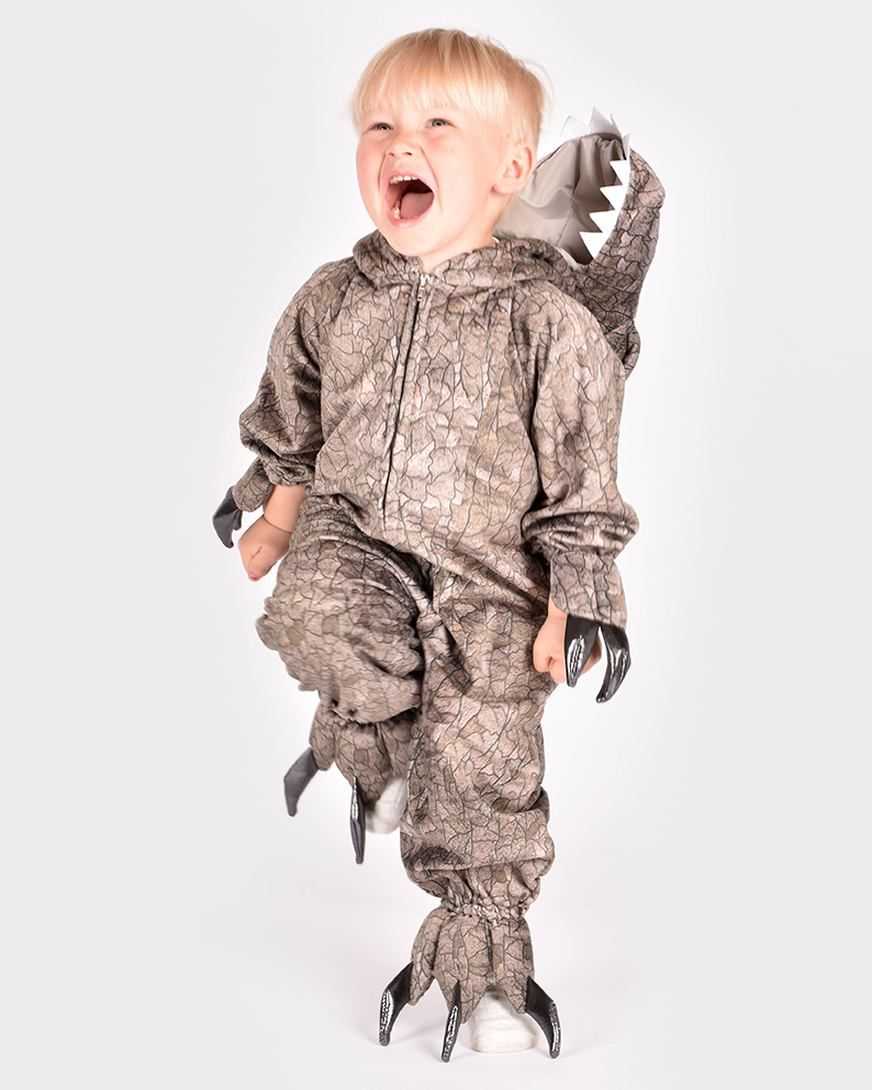 barn iklädd gråmönstrad dinosauriedräkt