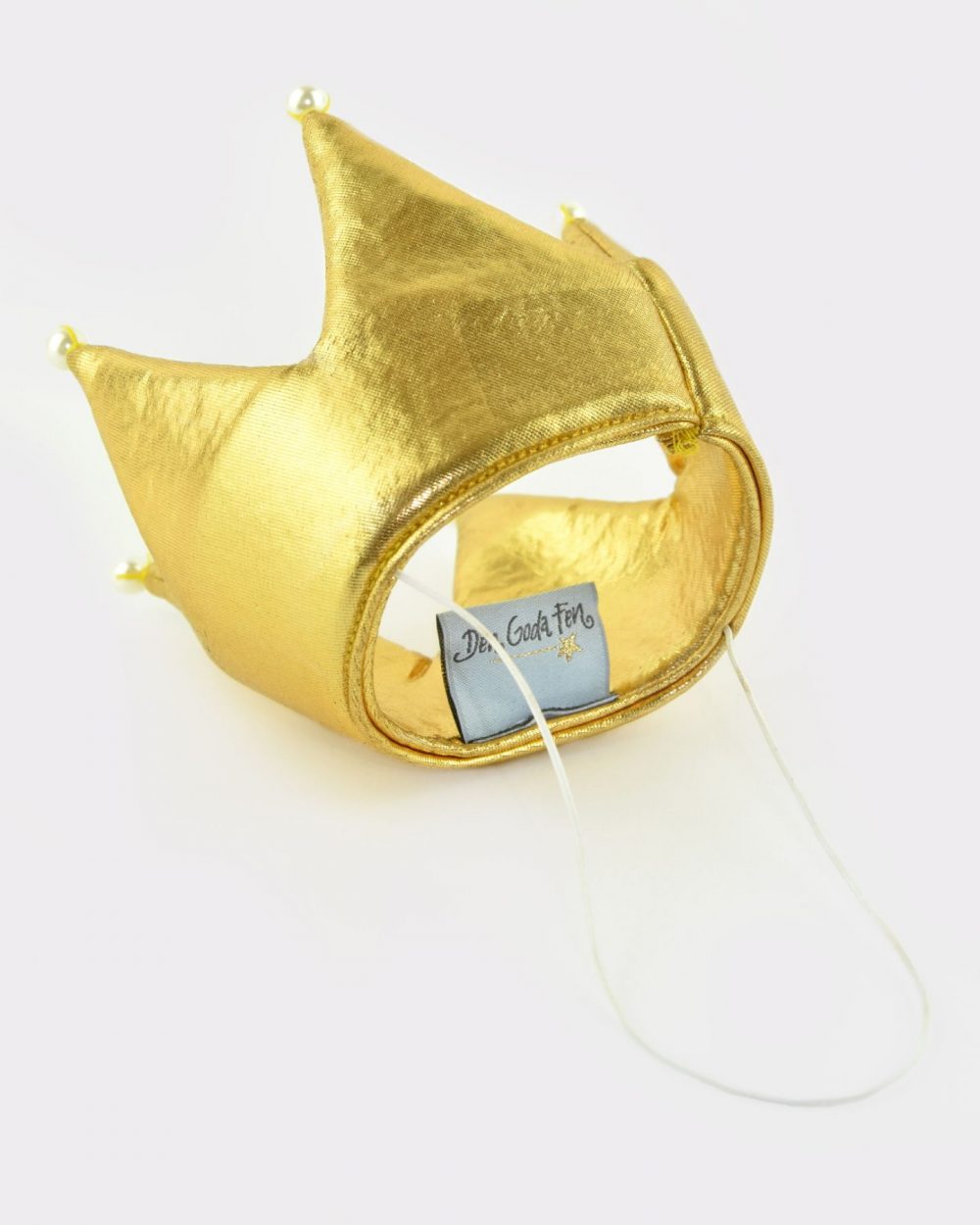 Vadderad guldig krona med pärldetaljer och elastiskt band.