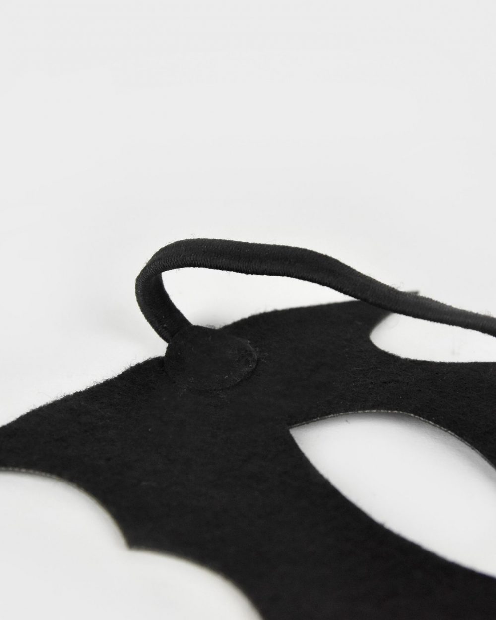 Närbild på baksidan av en batman-mask. Bilden visar också fästet för det elastiska bandet som håller masken på plats på huvudet.
