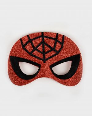 Rödglittrig spindelmannenmask med svarta detaljer