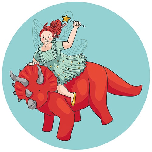 illustration föreställandes den goda fen i fedräkt som rider på en triceratops