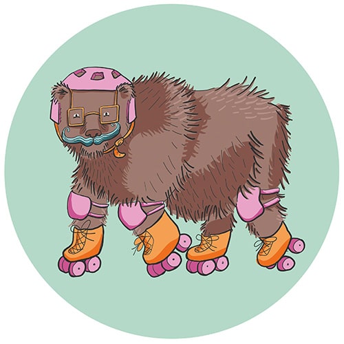 illustration föreställandes en brun björn som åker rullskridskor