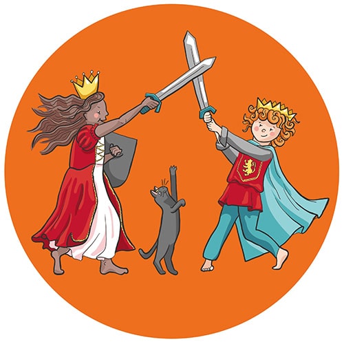 illustration föreställandes en flicka och pojke iklädda kungakläder som leker med svärd
