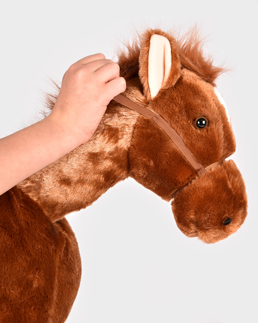närbild på brun hästrideon som visar hästens huvud och ett barn som håller tag i grimman